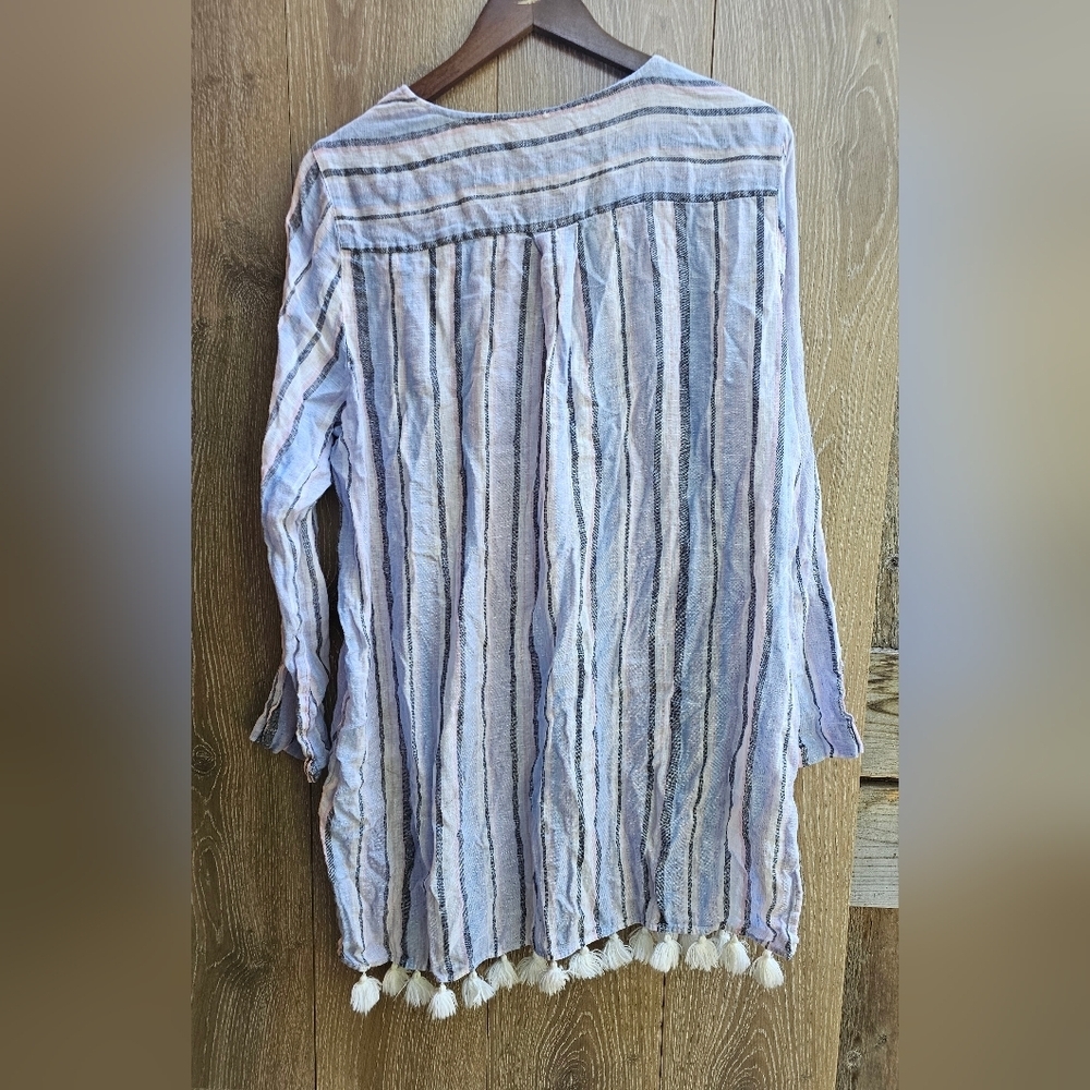 Linen Unique Pastel Striped V-Neck Tunic with Tassels - Picture 2 of 3